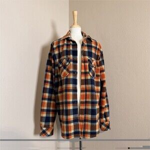Free Nature Men's Orange Navy Brown Plaid Flannel Button-Up Shirt Long Sleeve S